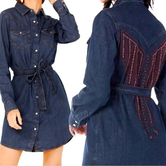 Wrangler Retro Denim Dress Embroidered Back Belt Long Sleeves Pearl Button Snaps - Picture 13 of 13